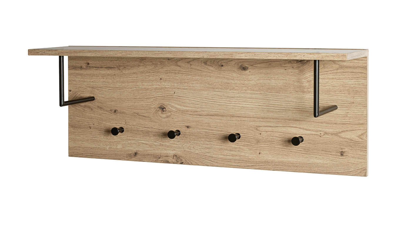 Wandgarderobe PARMA in Schwarz, Holzbank, Wandboard, Montagefläche, Kleiderhaken, Holzstruktur