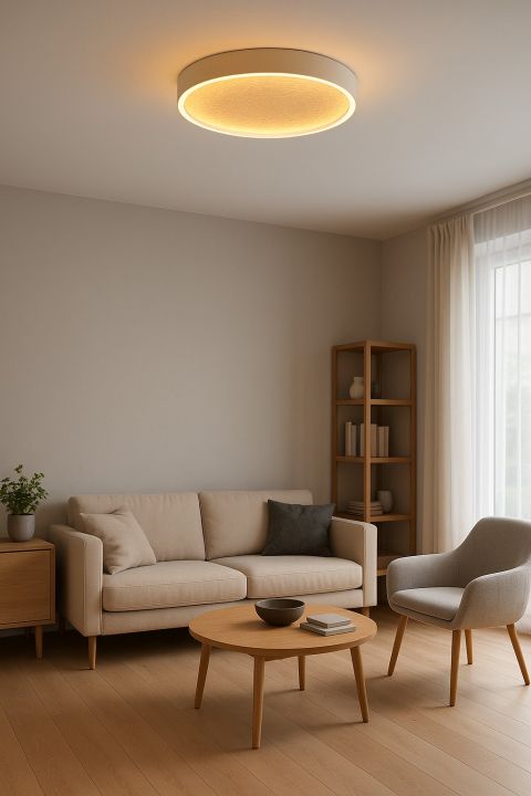 Global Technics LED-Deckenleuchte BORMES 1-flammig in Farbe sand Global Technics Deckenleuchte BORMES in sandfarben, Wohnzimmer, Deckenleuchte, Sofa, Beistelltisch, Holzmöbel