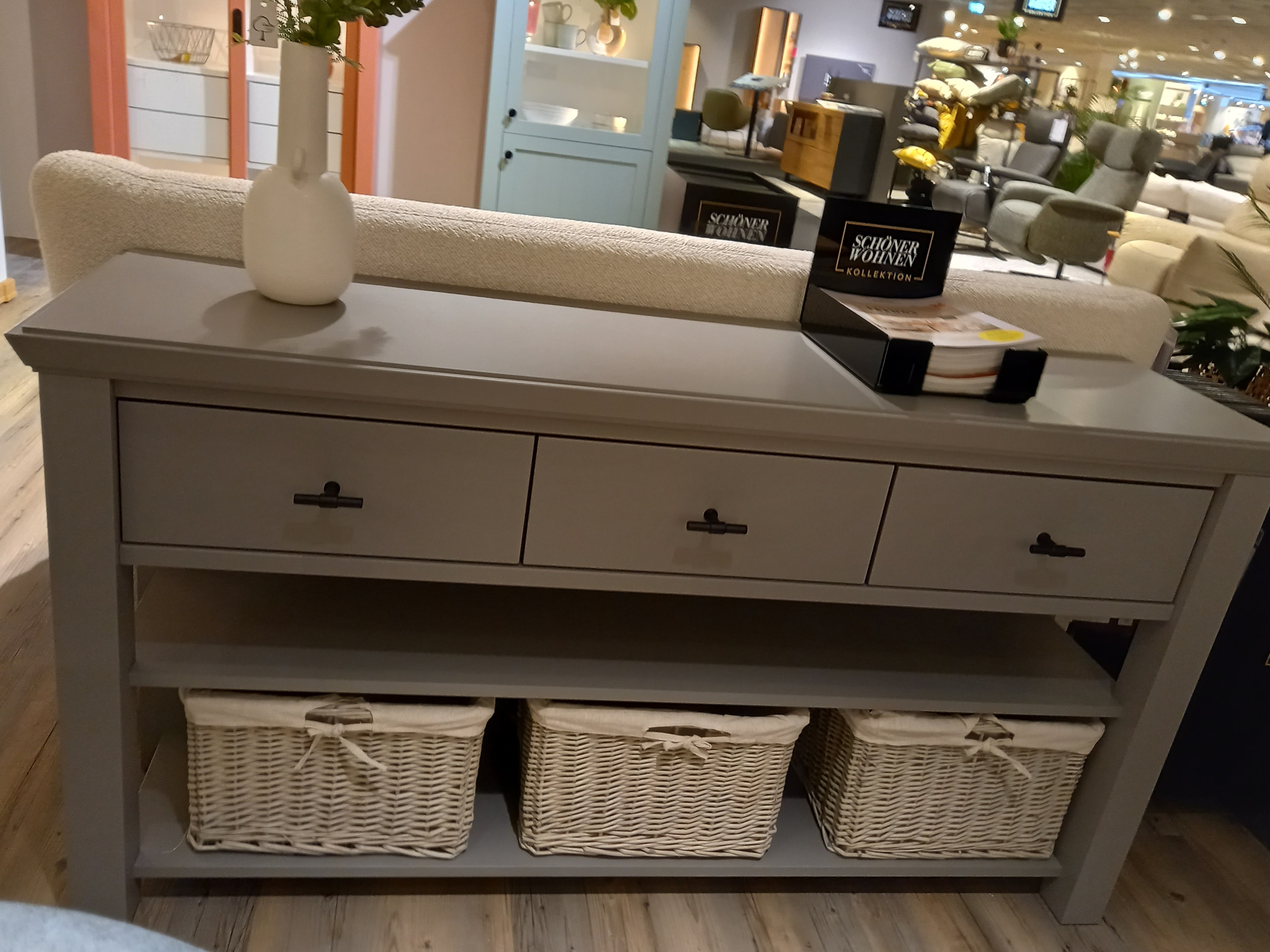 SCHÖNER WOHNEN-Kollektion Anrichte VILLAGE ca. B157 H81 T43 cm in Front/Korpus stone SCHÖNER WOHNEN-Kollektion Anrichte VILLAGE ca. B157 H81 T43 cm in Front/Korpus stone, console table, drawer unit, grey, storage, baskets