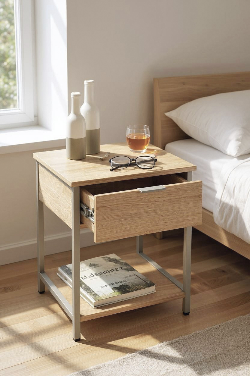 Haku Möbel Beistelltisch BURGOS 2 in Farbe Eiche natur, Kaschmirgrau, Nachttisch, Holz, Metallrahmen, Schublade, Bücherregalunterseite