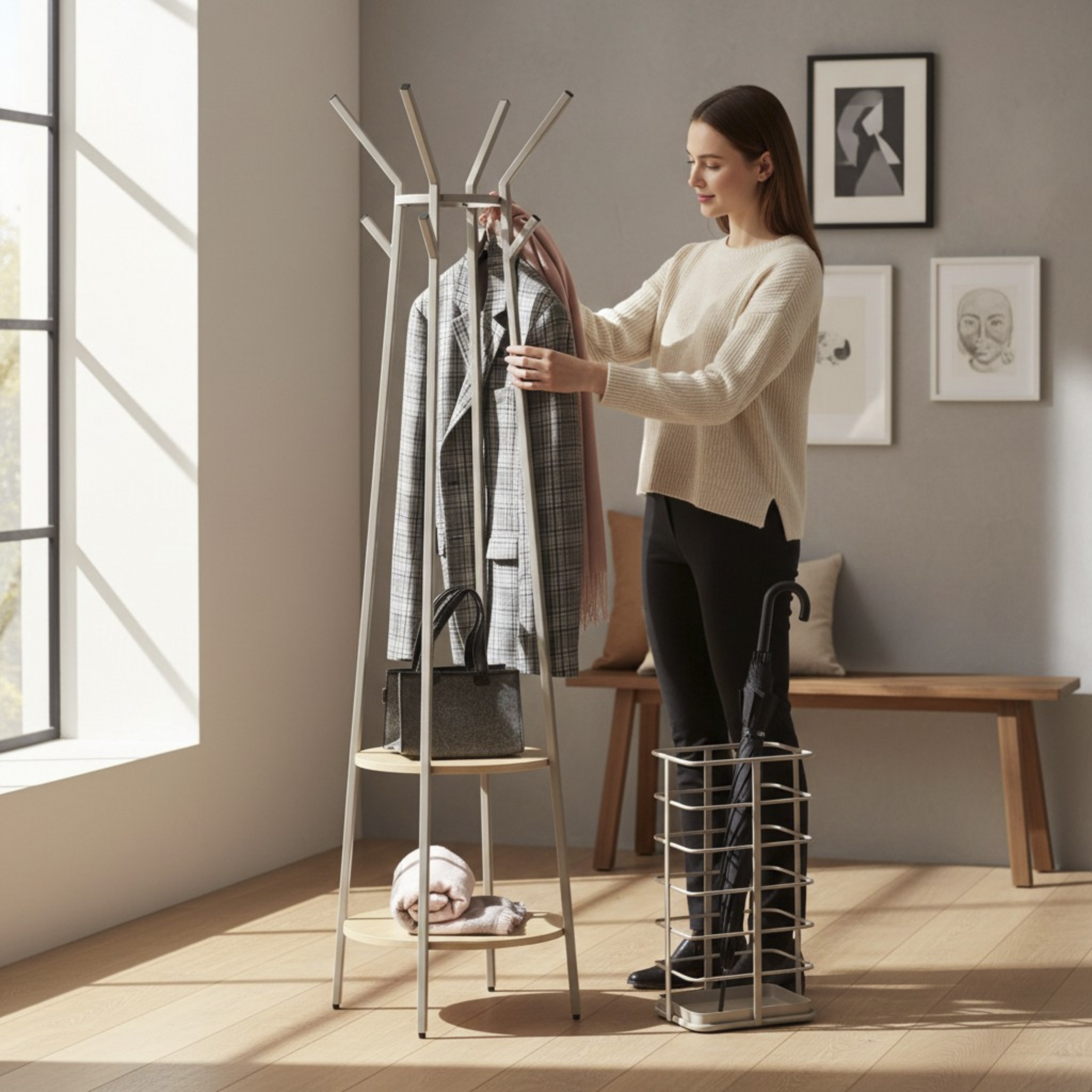 Garderobenständer PERTH in Farbe Eiche natur, Kaschmirbraun Haku Möbel Garderobenständer PERTH in Farbe Eiche natur, Kaschmirbraun, Kleiderständer, Kleidungsgestell, Mantel, Garderobe, Schirmständer