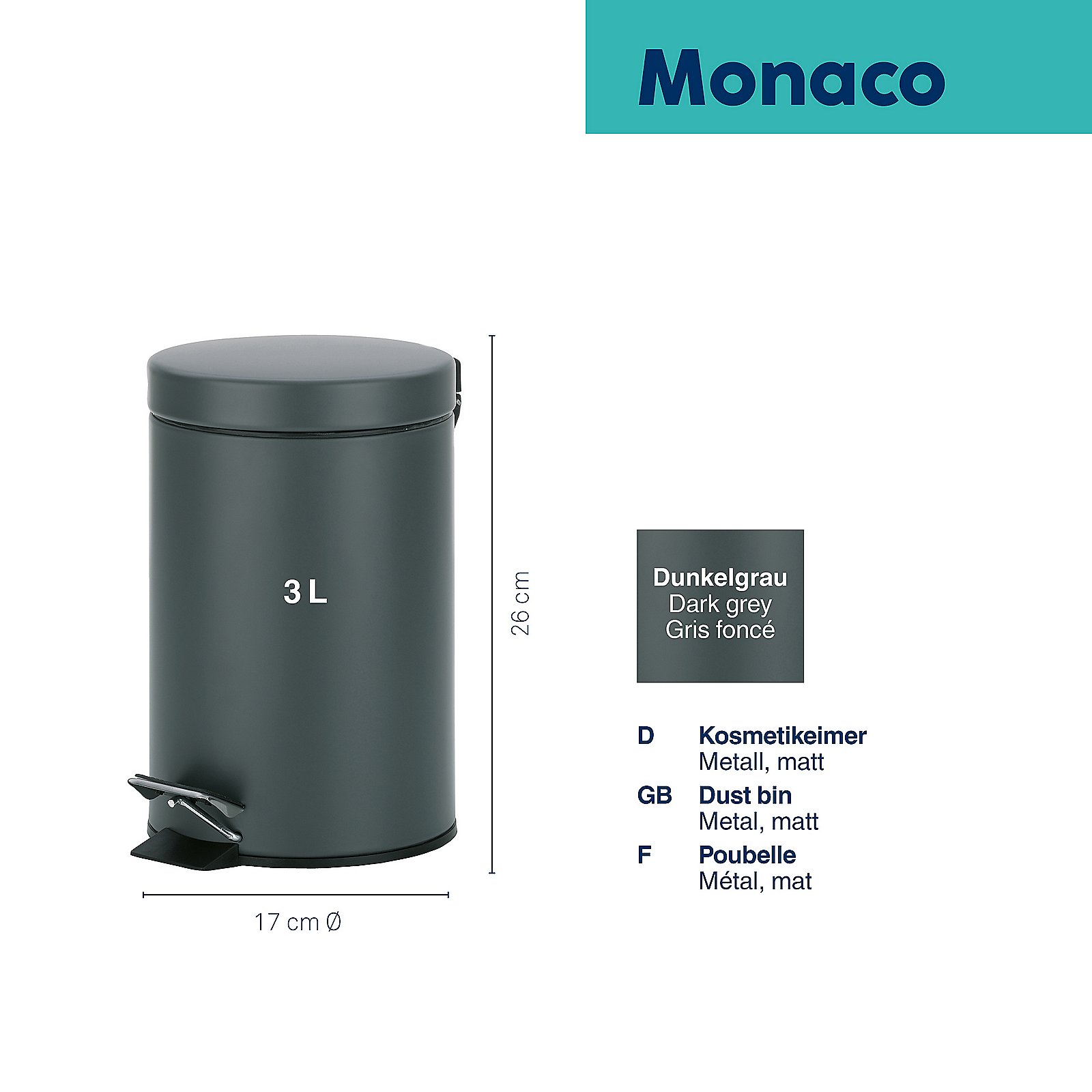 Kela Kosmetikeimer Monaco MONACO in dunkelgrau, Kübel, Mülleimer, Abfallbehälter, 3 Liter, Dunkelgrau, Abfalleimer, Mülleimer, Metall, Dunkelgrau, 3 L