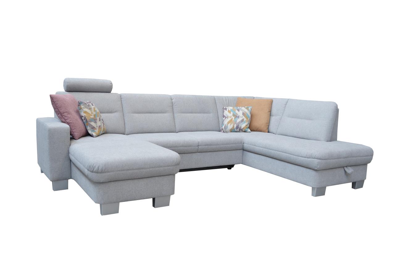  // Wohnlandschaft Cliff // Stoff Platingrau // Holzfuß Eiche geölt // Sitzcomfort Polyaetherschaum // ca. 300x198 cm, Sitzhöhe 46 cm, Couch, Mobiliar
