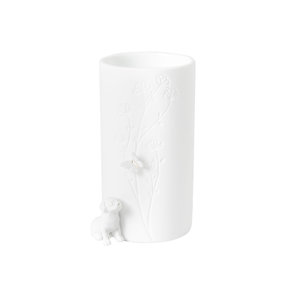 Vase Hund sitzend, vase, weiß, eingraviert, blumen, hundfigur