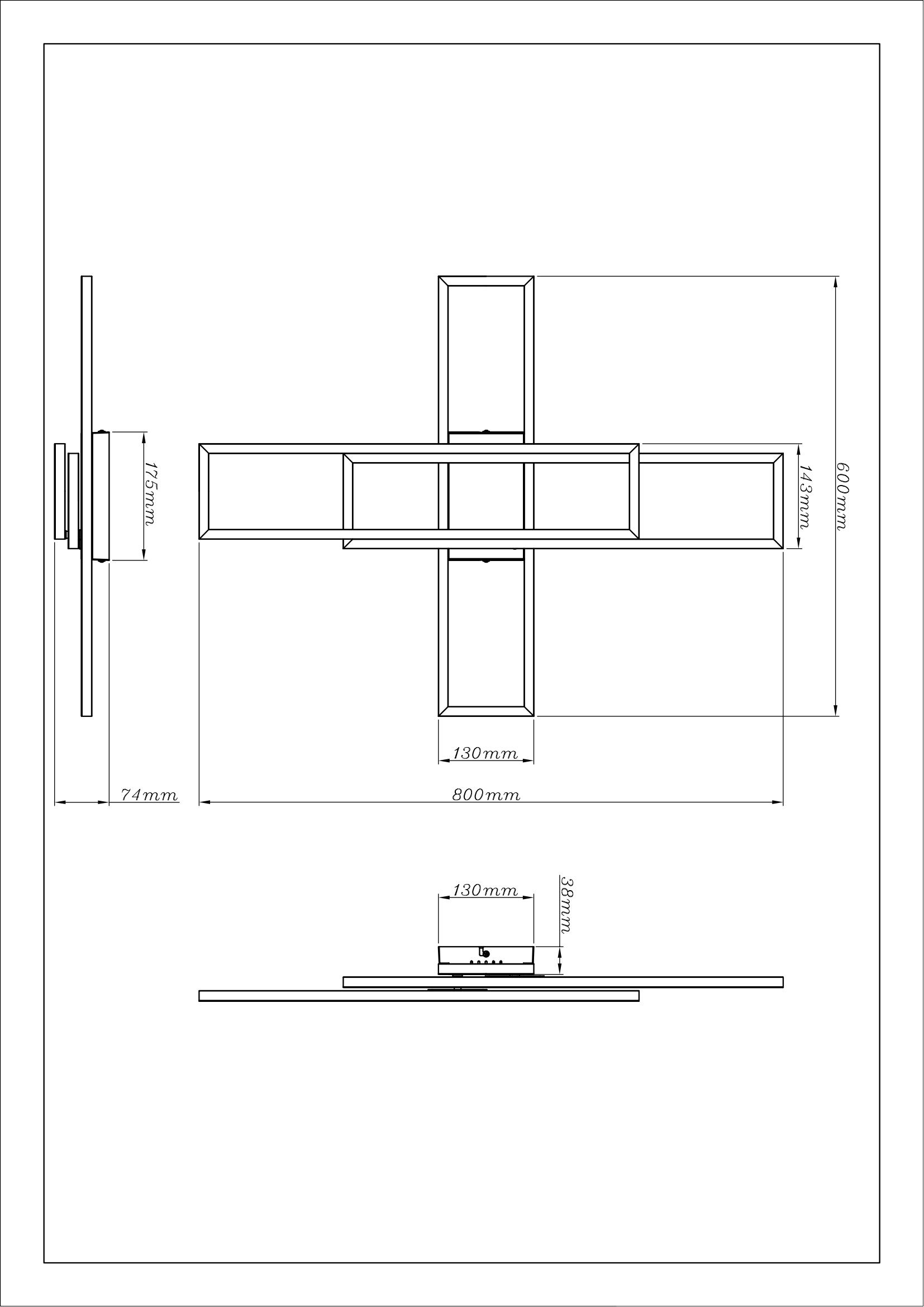 LED-Deckenleuchte in Fb. Schwarz Matt, LED, Kronleuchter, Rechteckig, Wandmontage, Abmessungen