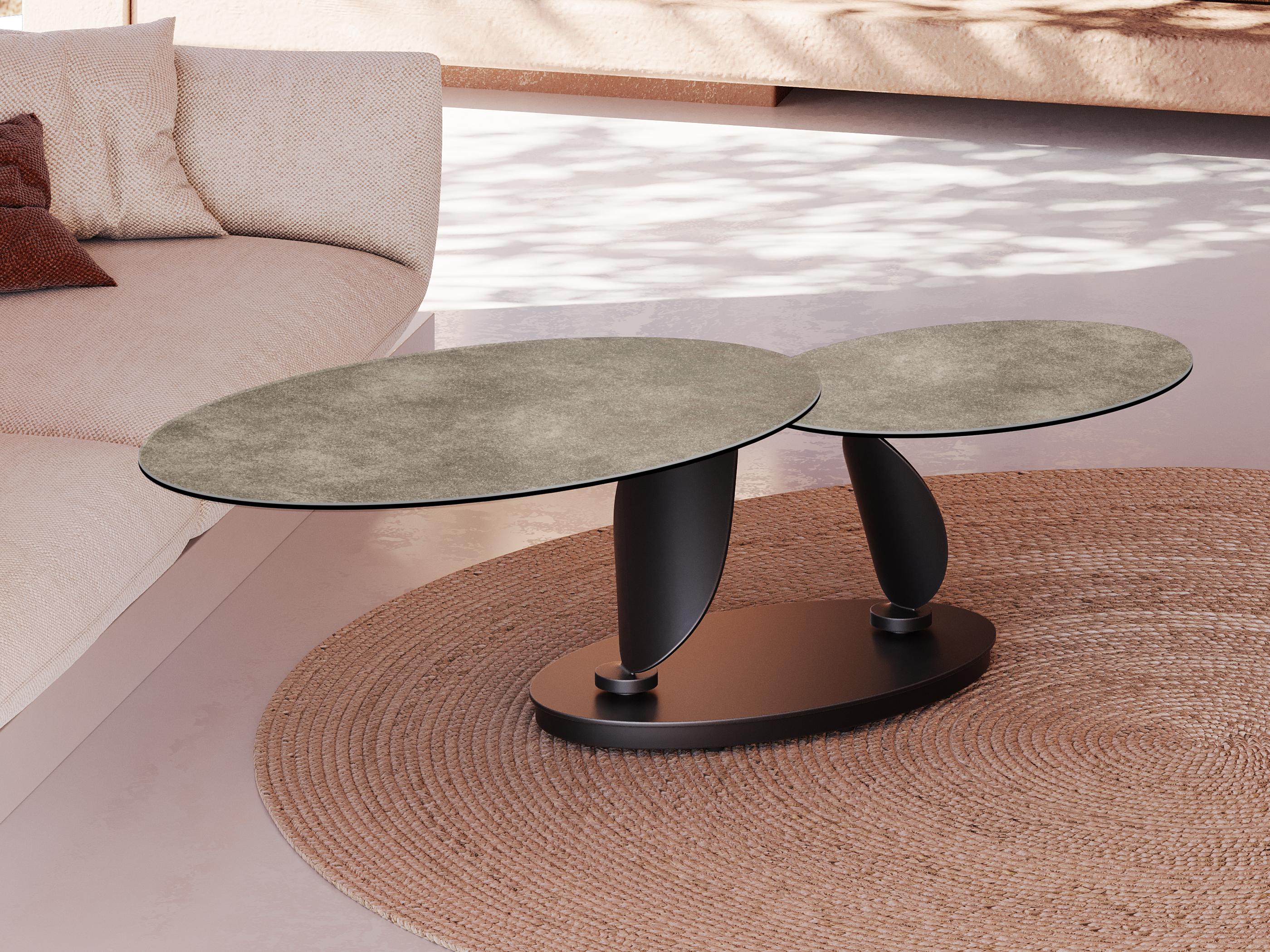 // Couchtisch // Keramik zementgrau // Gestell Stahl schwarz lack. // ca.B95(150) H43 T60 cm