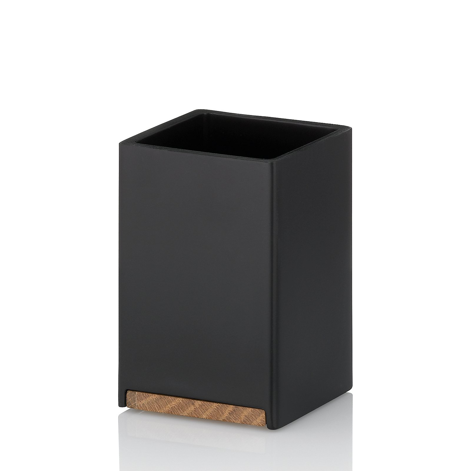 Kela Becher CUBE in Farbe schwarz, ebony black, rechteckige Vase, Holzakzent, quadratisch offener Mund, minimalistisches Design, Toilettenbedarf, Küchenhelfer, Abfallbehälter, Abfallkorb, Schwarz