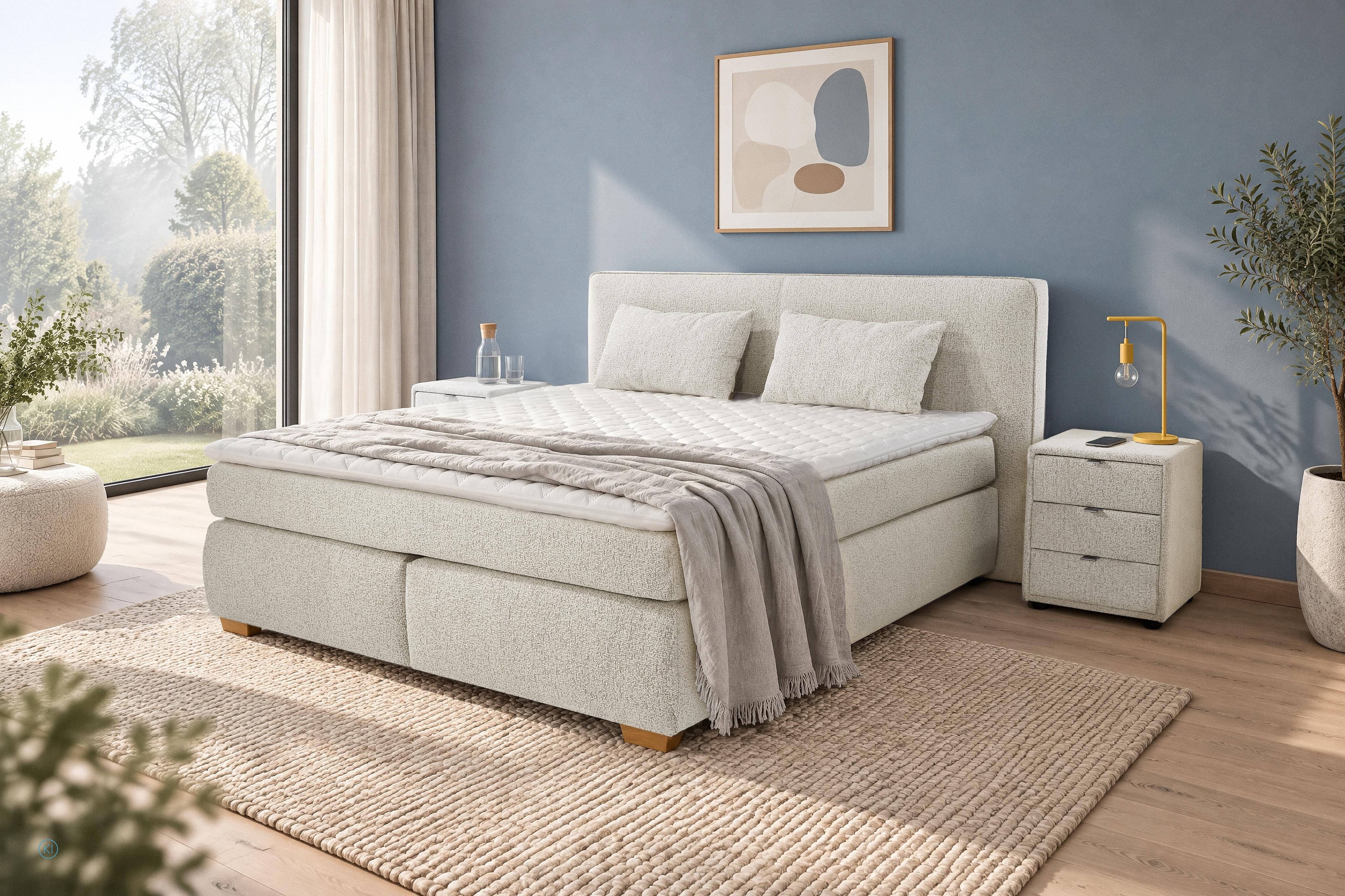 Jockenhöfer Boxspringbett VIOLETTA VALENTINA MIX ca. 180x200cm in Flachgewebe beige, bett, Boxspringbett, Stoffbett, Nachttisch, Teppich