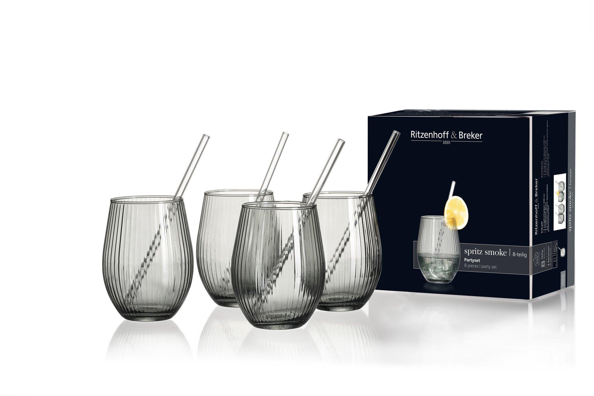 Ritzenhoff & Breker Partyset SPRITZ SMOKE in Farbe Grau, glas, Trinkglas, kurze Tumbler, Strohhalm, Set aus 4