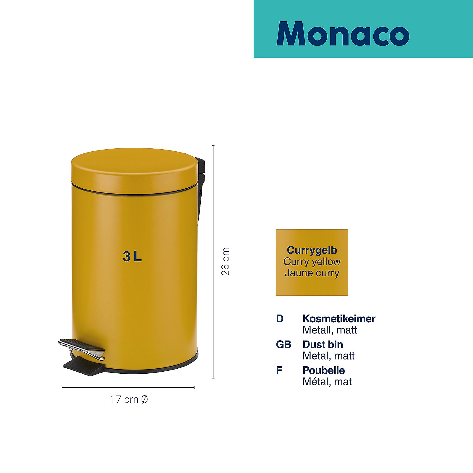 Kela Kosmetikeimer Monaco ROSE in Metall currygelb Kela Kosmetikeimer Monaco ROSE in Metall currygelb, Zinn, Kann, Mülleimer