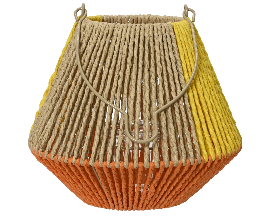 Kaemingk Laterne  ca. H21 cm, D24 cm in Fb. natur/farbe(n), Laterne, geflochtenes Seil, beige-orange-gelb, Metallbügel, zum Aufhängen