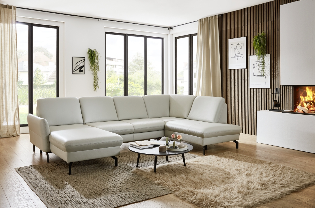 Polstergruppe PN-EM24097 ca. 305x193cm in Leder Torro silver, Dekoration für Zuhause, Kaffeetisch, Tabelle, Wohnzimmer, Innenarchitektur