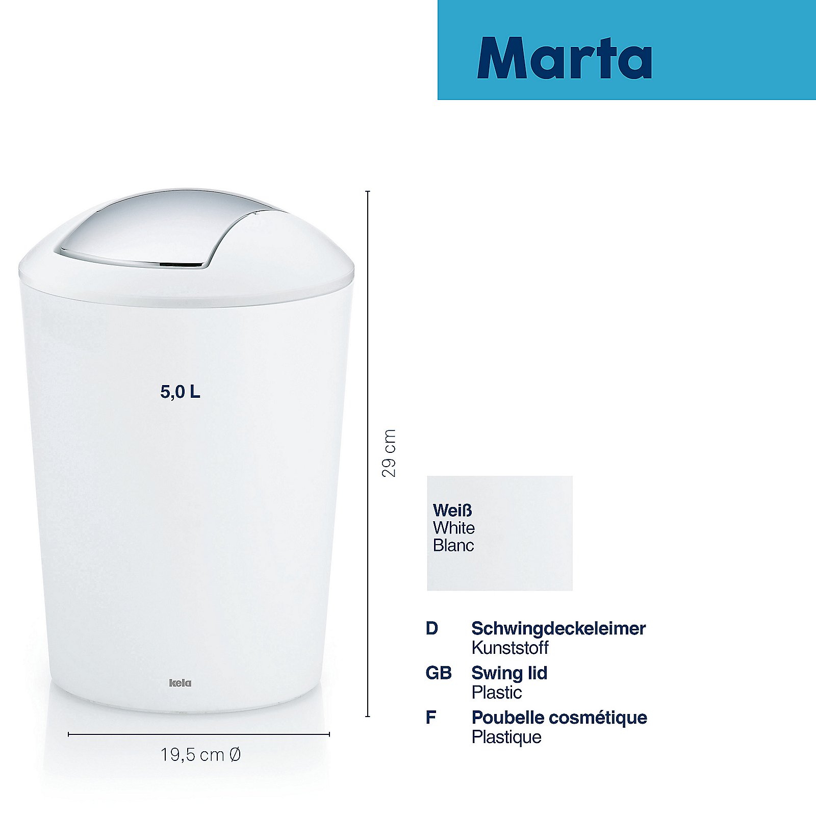 Kela Schwingdeckeleimer MARTA in Farbe Weiß, Wertstoffbehälter, Tretmülleimer, Plastic, Weiß, 5,0 L, Schwingdeckeleimer, Mülleimer, Kunststoff, Weiß, 5,0 L