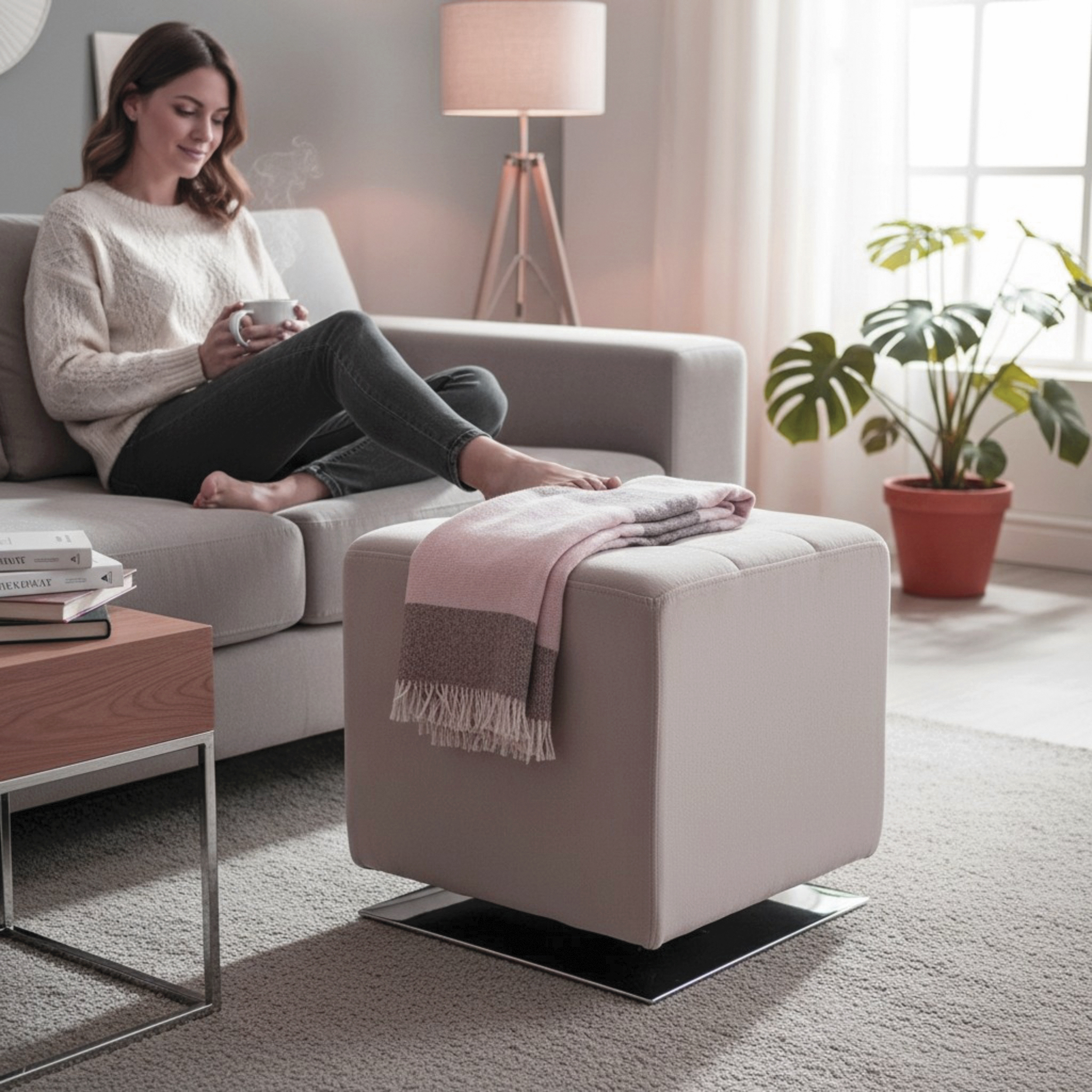 Haku Möbel Hocker BETO 2 in Farbe Chrom, Kaschmir, Sofa Ottomane, Pouf, Wohnkultur, Strickdecke, Pflanze im Zimmer