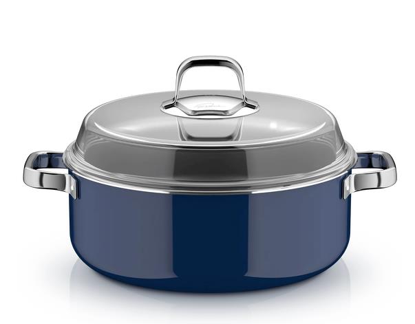 WMF Schmortopf Ftec MineralPro28cm in Tim Raue, Kochtopf, Stielkasserolle, Emailliert, Glasdeckel, Blau