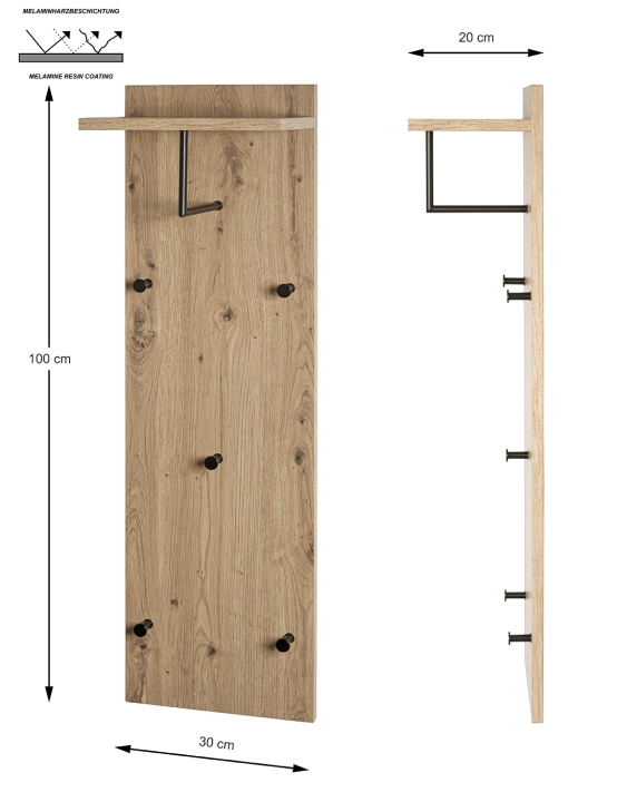 Haku Möbel Wandgarderobe ca. B30 H100 T20 cm in MDF Dekor Eiche hell mit , Holz, Tür