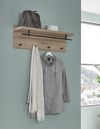 Wandgarderobe PARMA 5 in Farbe Eiche hell, Schwarz Wandgarderobe in Mehrfarbig, wandgarderobe, kleidungshaken, shirt, scarf, hakenleiste