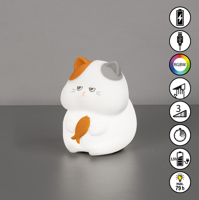 FH Lighting LED-Tischleuchte GERD in Silikon weiß, cat figurine, cat lamp, white cat, orange ear, fish accessory