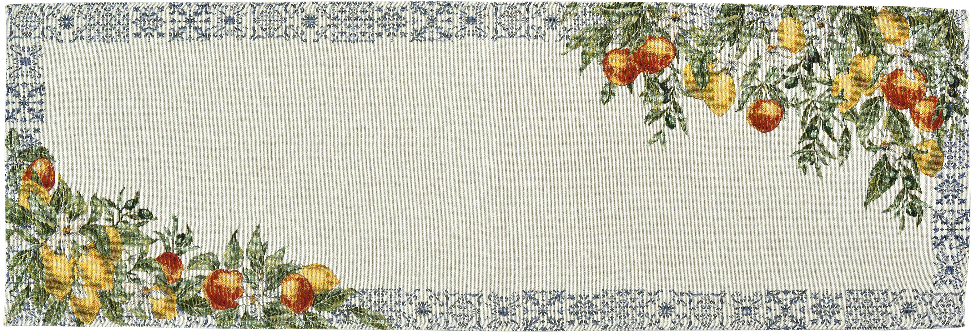 Sander Tischläufer MEDITERRANEAN ca. 32x96cm in Farbe original, Tischdecke, Zitronenmotiv, Leinenoptik, Blumenrand, Früchte-Dekor