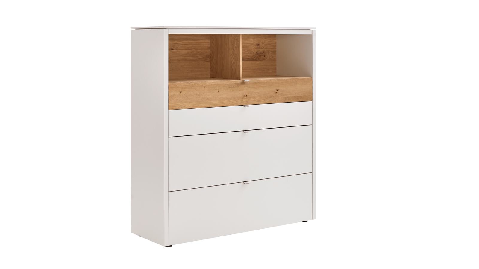 Venjakob Highboard Game ca. 127x140x43cm in Lack kristallweiß matt/Balkeneiche massiv