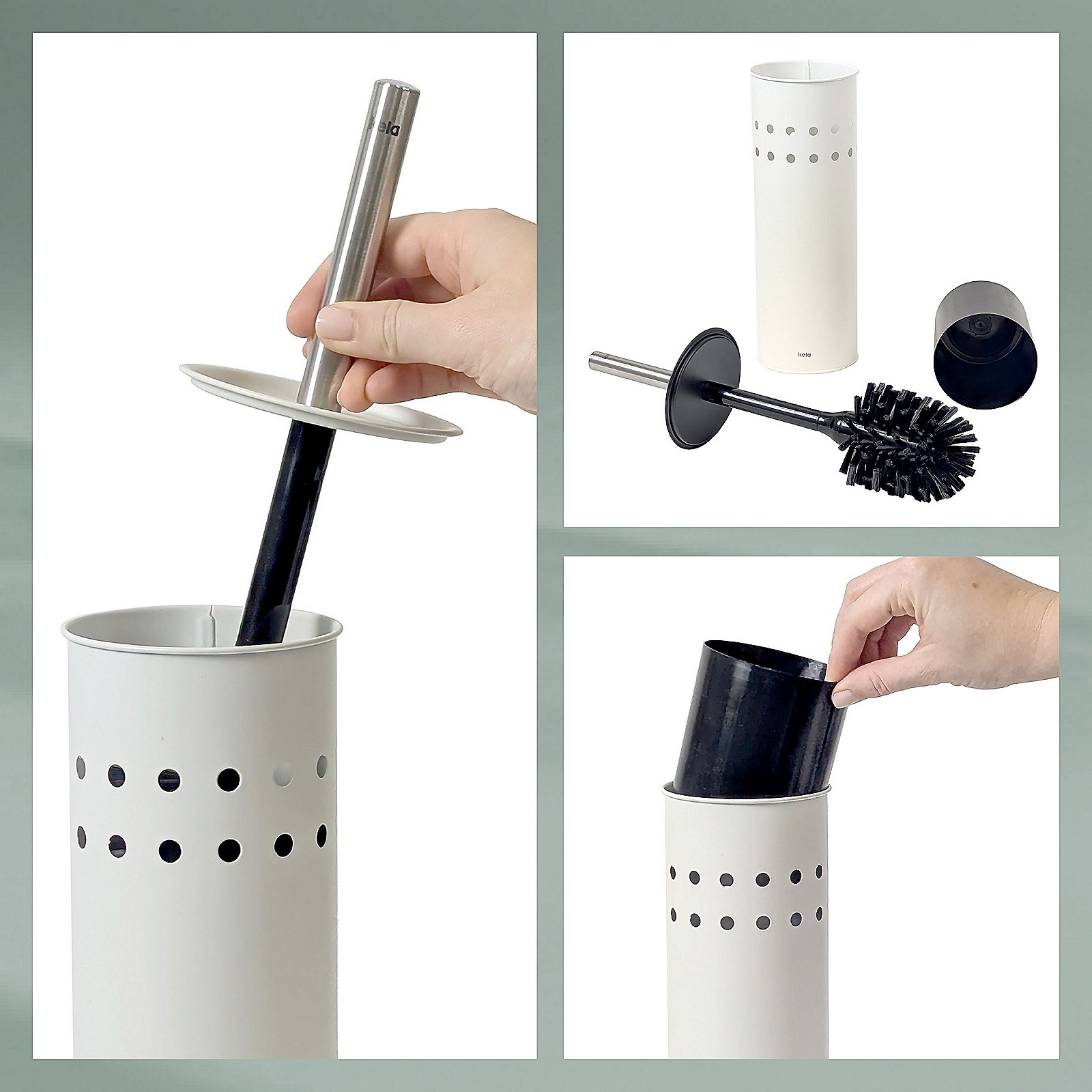 Kela WC-Garnitur LEO in Farbe Weiß, Korkenzieher, Weinöffner, Metallgriff, Lochmuster, Spendereinsatz, Korkenzieher-Set, Durchmesserstab, Deckelhalter, Pflanzenblatt, Kunststoffhülle