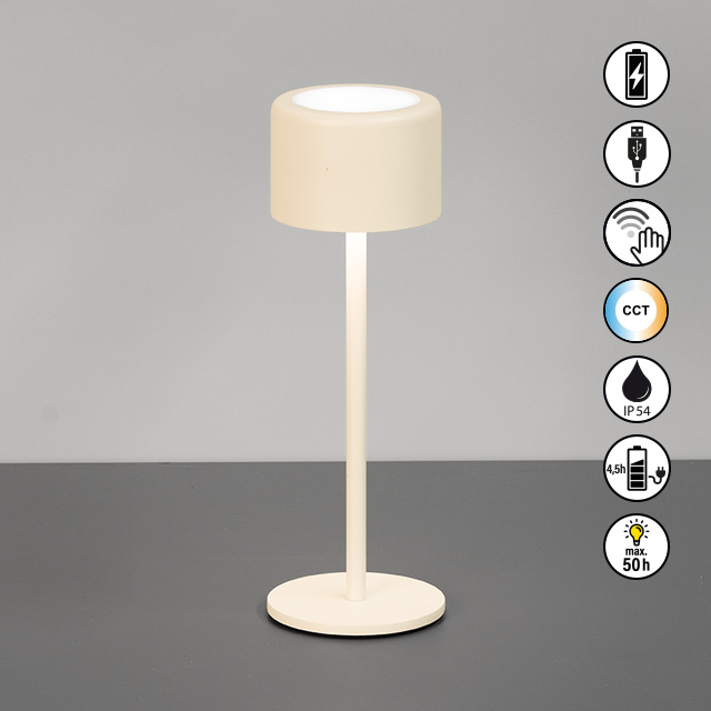 FH Lighting LED-Tischleuchte JUNA in Metall sandbeige, Tischlampe, Stehlampe, Beleuchtung, Stoffschirm, cremefarben