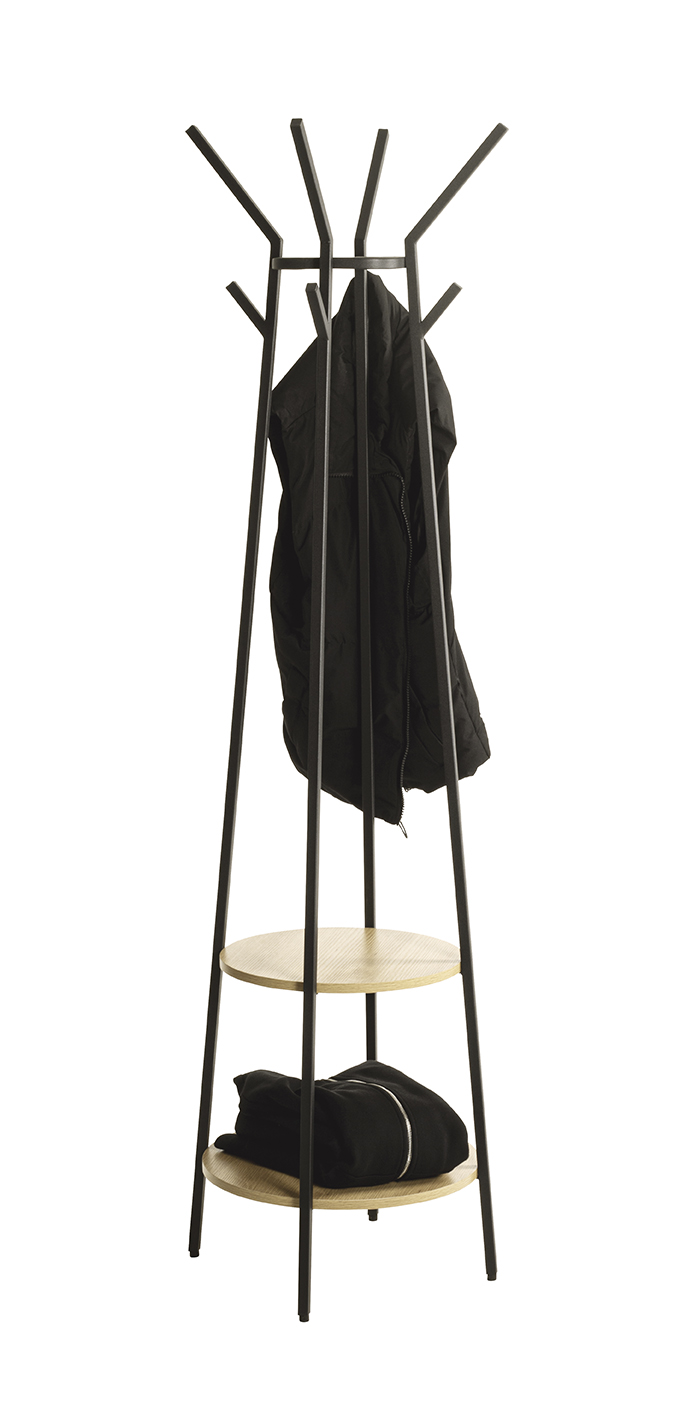 Haku Möbel Garderobenständer PERTH in Farbe Eiche natur, Schwarz, Garderobe, Kleiderständer, Metallgestell, Holzablage, Mantel