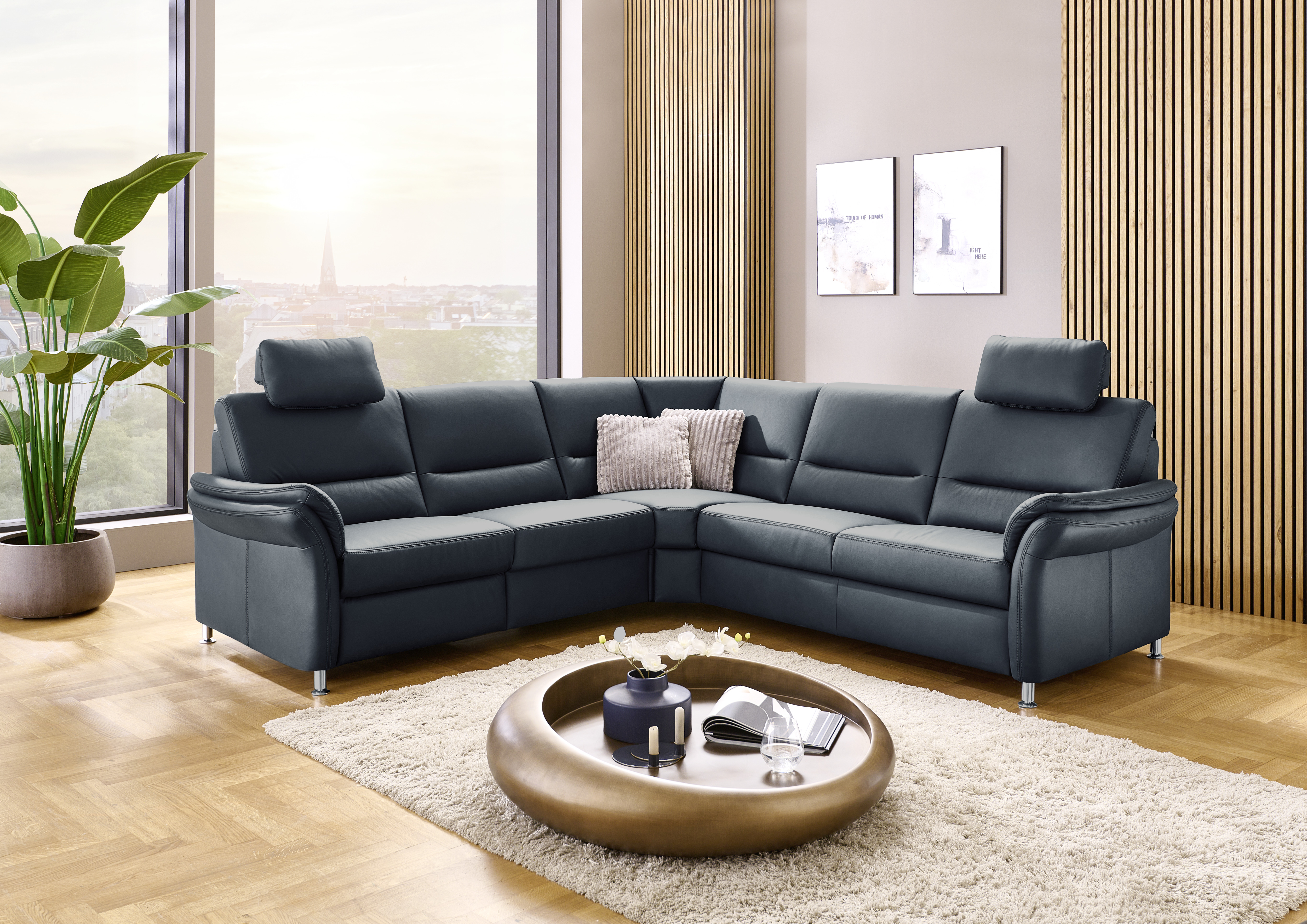 Modulmaster Polsterrundecke MM-PN1049  Blau, Ecksofa, Ledersofa, Samtkissen, Wohnzimmermöbel, Großes Ecksofa