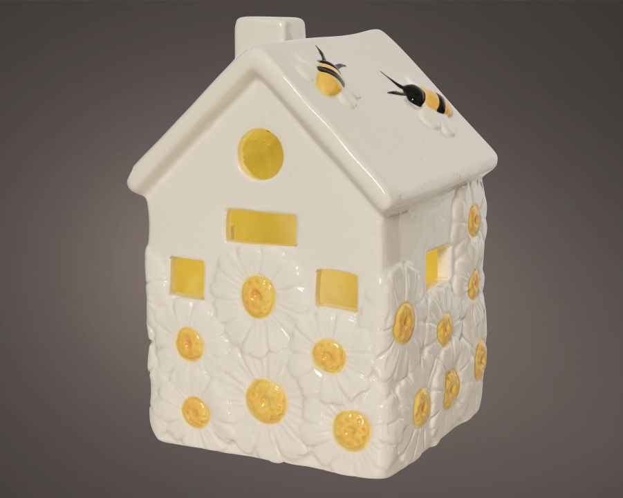 Kaemingk LED Haus  ca. B10 H15,3 T10,8 cm in Fb. weiss/farbe(n), Keramikhaus, Vogelhaus, Cremeweiß, Gelbe Blumen, Bienenmotiv