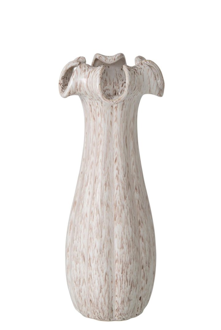 Vase Vasen  Beige, Keramikvase, Cremeweiß, Braune Sprenkel, Rüschenrand, Bauchige Form