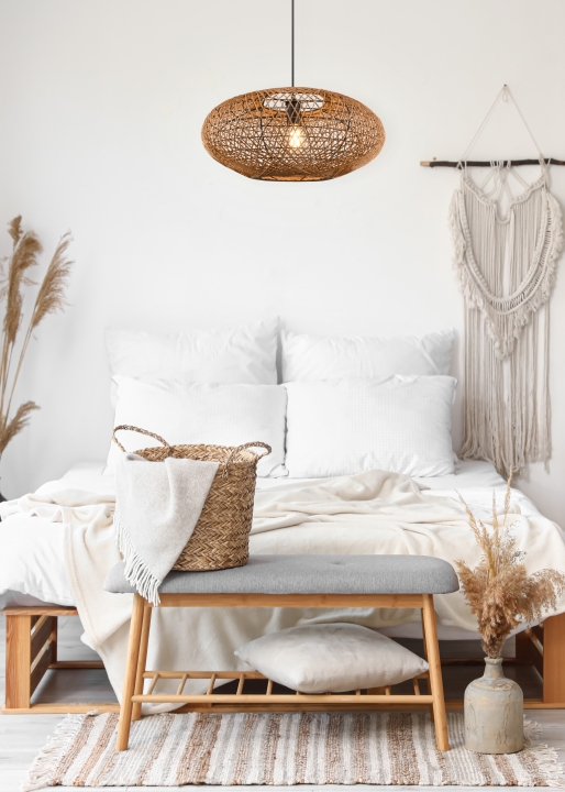 Trio Pendelleuchte HEDDA in schwarz matt, Sisal naturbelassen