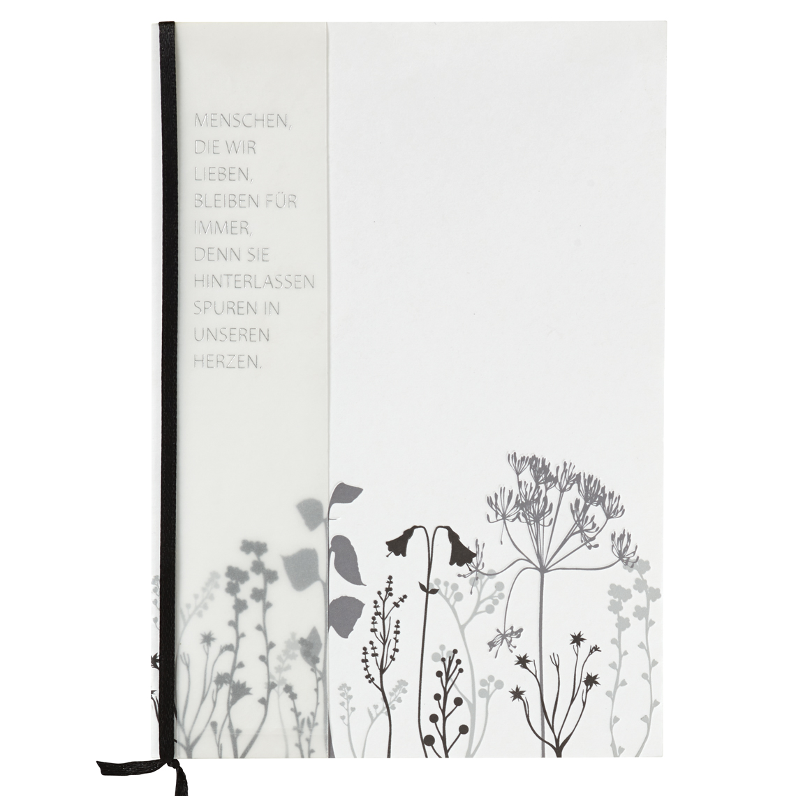 Trauerkarte Letterpress Menschen die wir lieben, notebook, silhouettepflanzen, graues florales design, weiße abdeckung, elastischer Lesezeichen