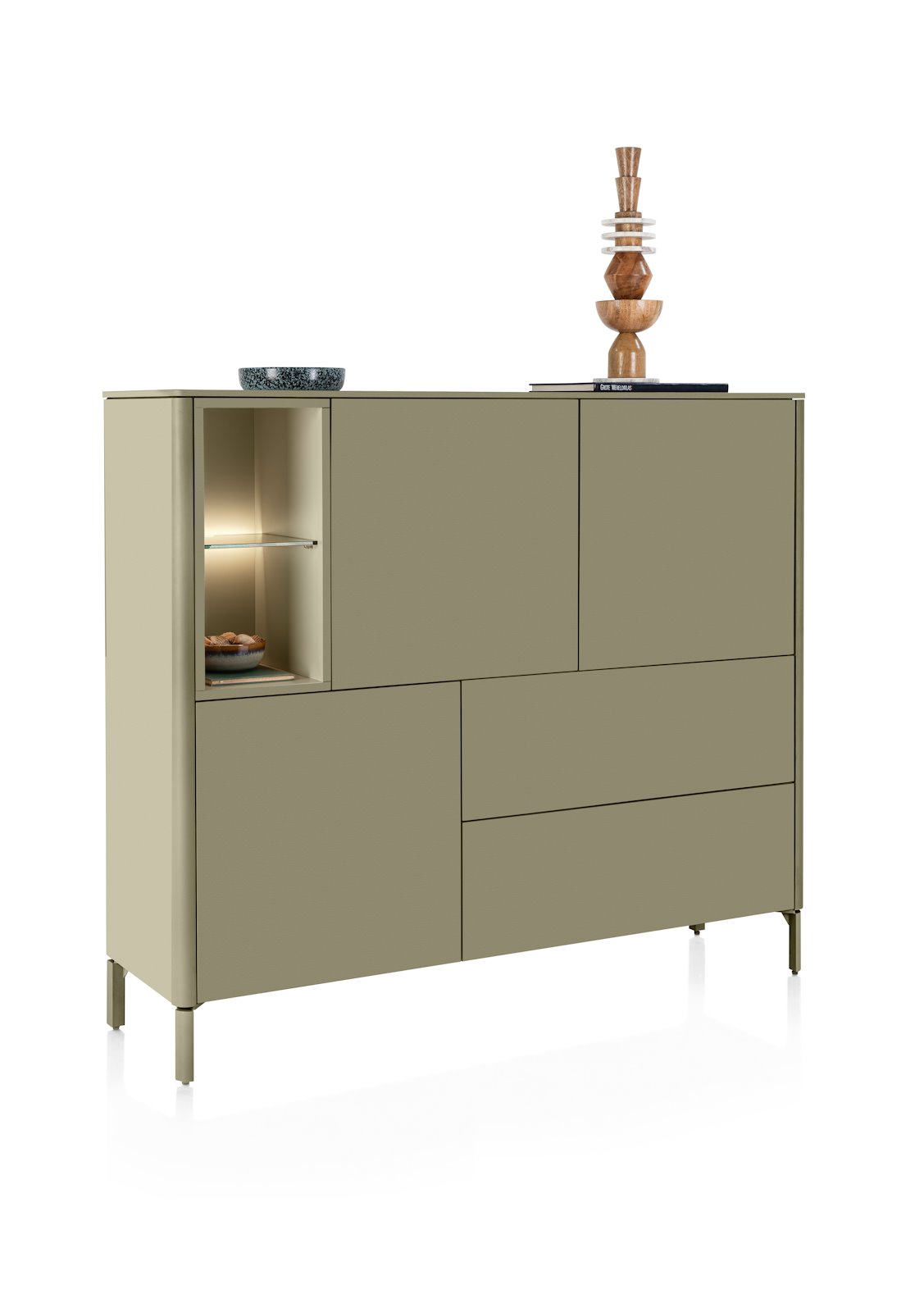 XOOON Highboard TRENTINO ca. B153 H132 T42 cm in MDF olive lackiert, Sideboard, Buffet, Kabinett, Aufbewahrung, Beige