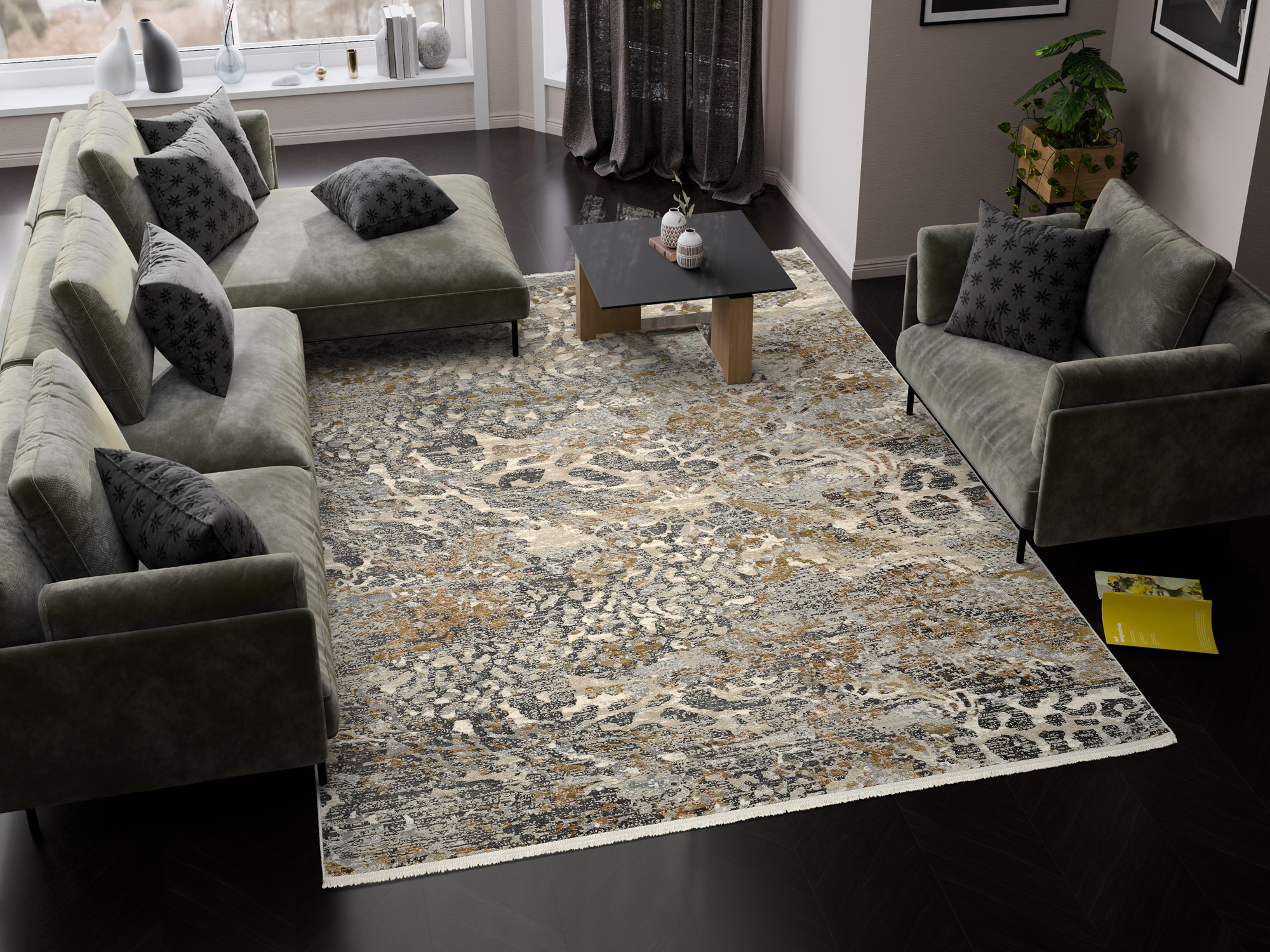 OCI Designer Teppich LAVA DELUXE ca. 160x230cm in Farbe beige-mix, Wohnzimmer, Teppich, Sofa, Tisch, Pflanze