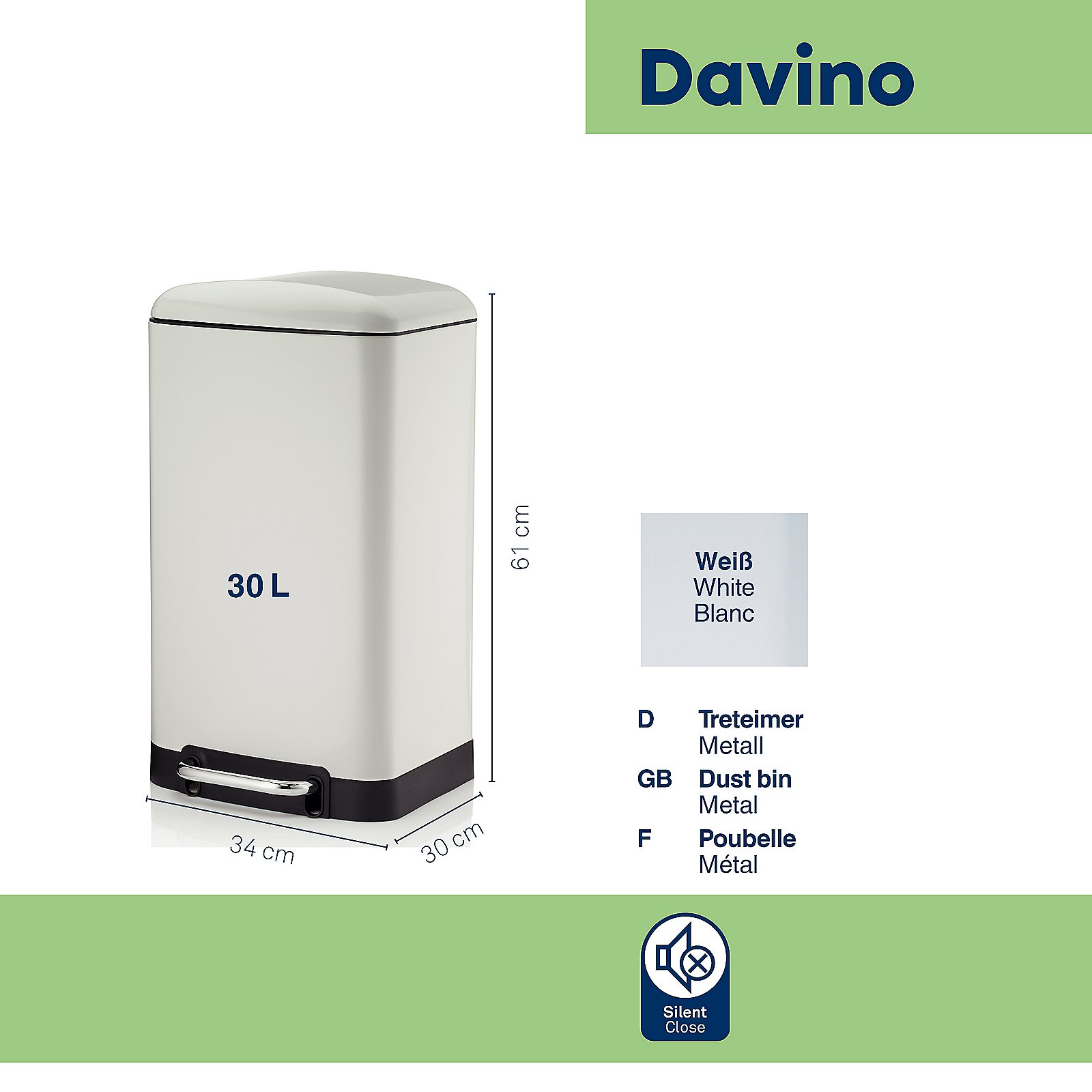 Kela Treteimer DAVINO in Farbe Weiß, Abfalleimer, Metall, 30 L, Weiß, Tretmeter/Schlagleiste?