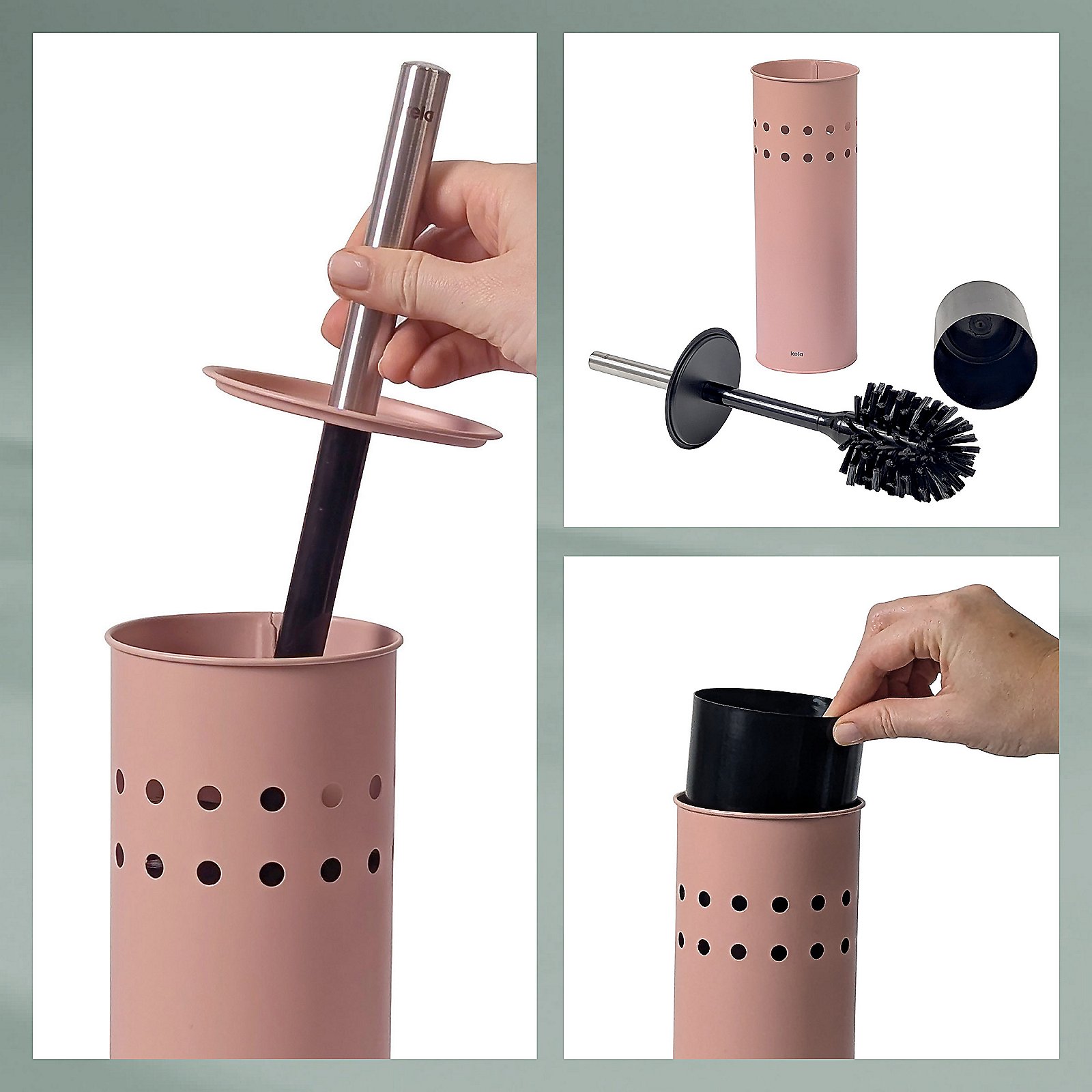Kela WC-Garnitur LEO in Farbe Altrosa, Perforiertes Röhchen, Röhren-Organisator, Drehverschluss, Make-up Zubehör, Rosa, Haushalts-Set, Silikonwerkzeug, Aufbewahrung, Perforationen, roségold