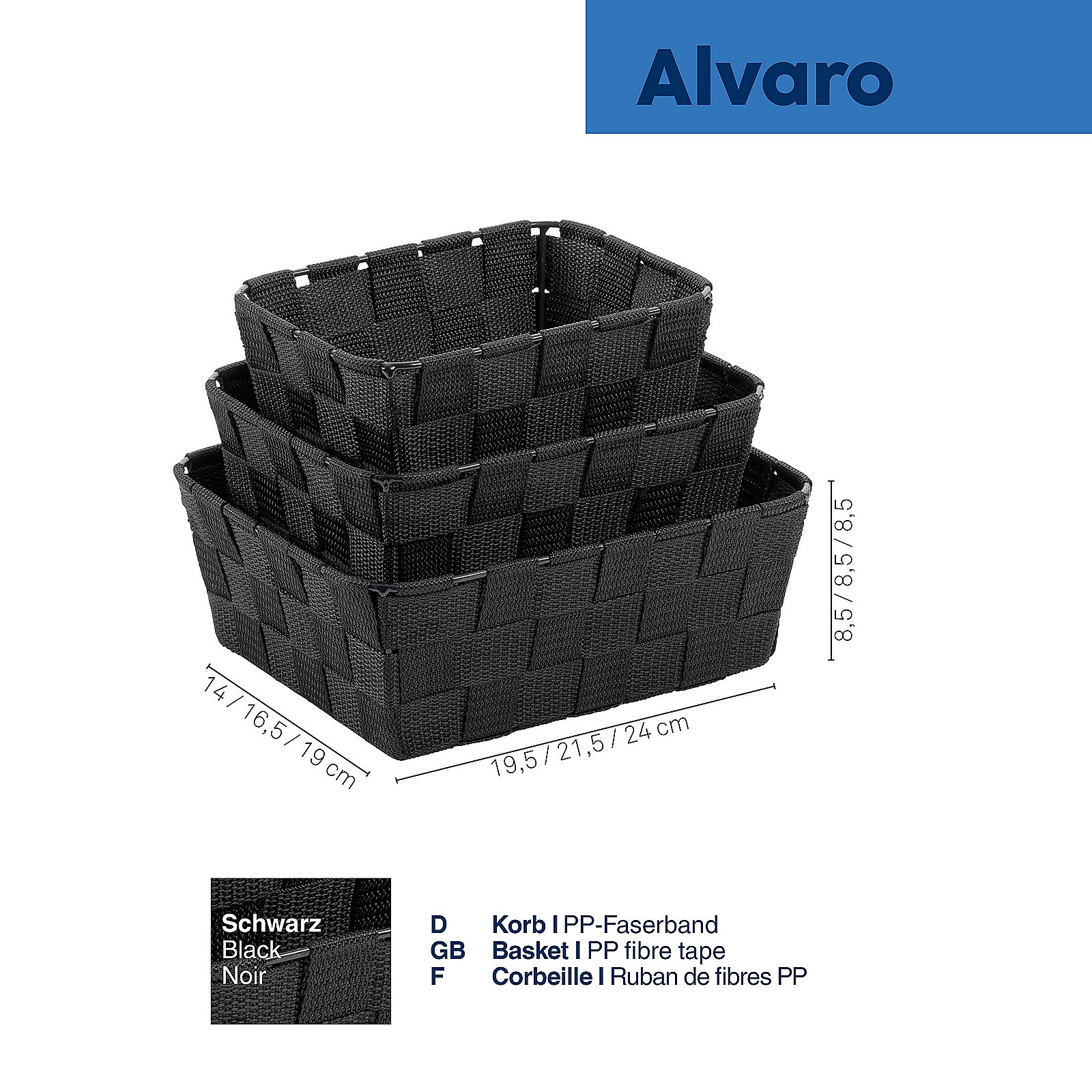Kela Korb-Set 3-tlg. ALVARO in Farbe Schwarz, Korbset, Aufbewahrungskorb, PP-Faserkorb, Schwarz, geflochten, Aufbewahrungskorb, Korbsystem, PP-Faserkorb, schwarz, Höhenstufen-Korb