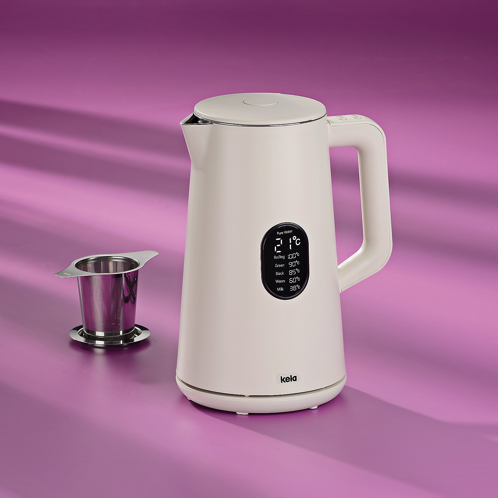 Kela Wasserkocher SANTOS in Farbe creme, Elektrischer Wasserkocher, Kessel, Kaffee Tee, Digitaldisplay, Metallisch weiß