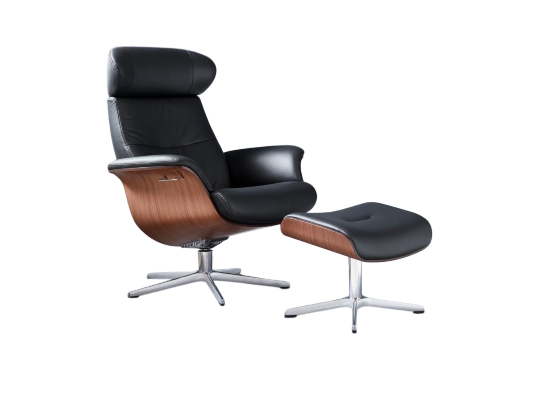 Sessel mit Hocker TIMEOUT in Schwarz Conform Sessel mit Hocker TIMEOUT in Leder Fantasy Black/Sitzschale Walnuß