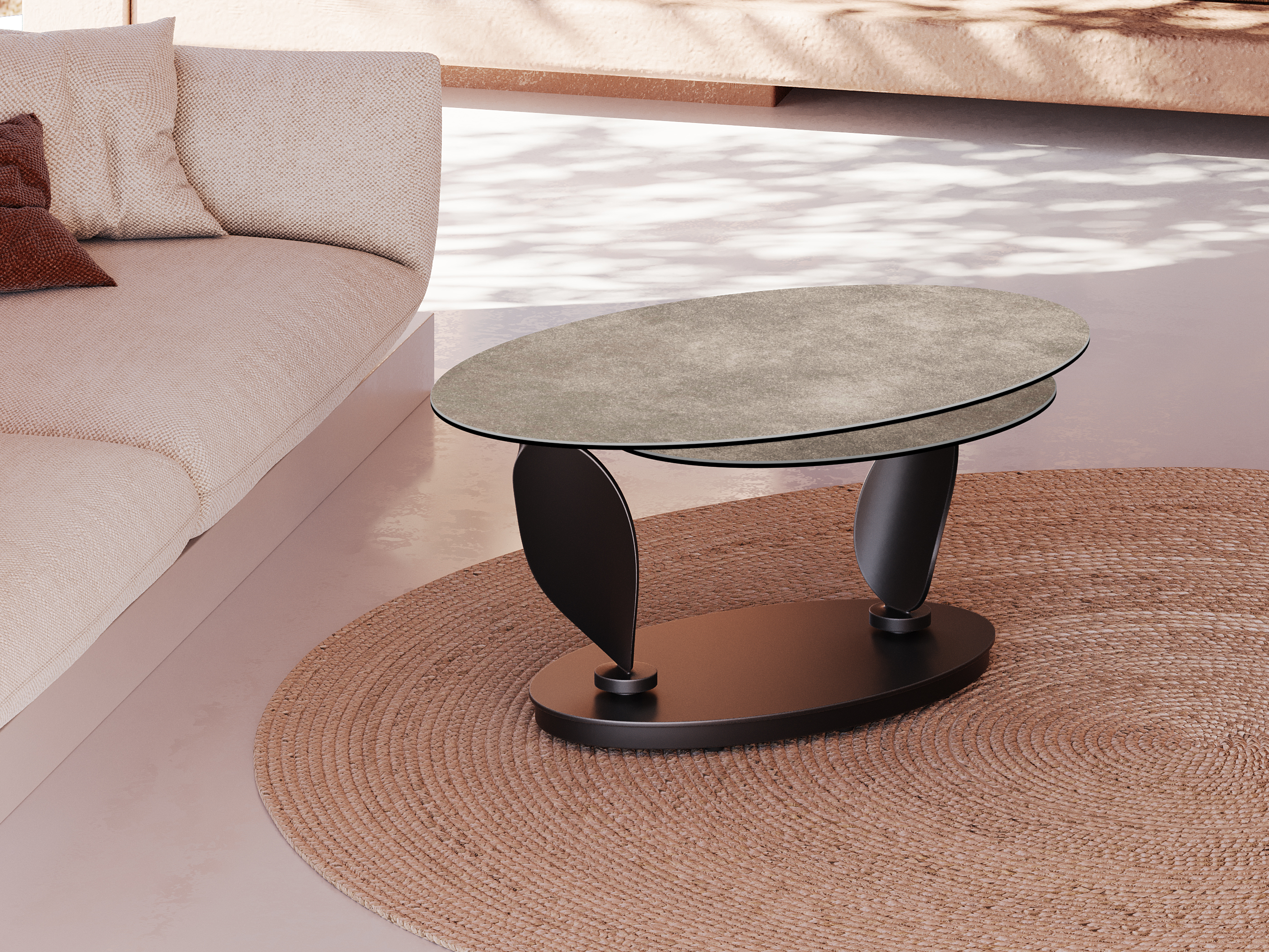  // Couchtisch // Keramik zementgrau // Gestell Stahl schwarz lack. // ca.B95(150) H43 T60 cm