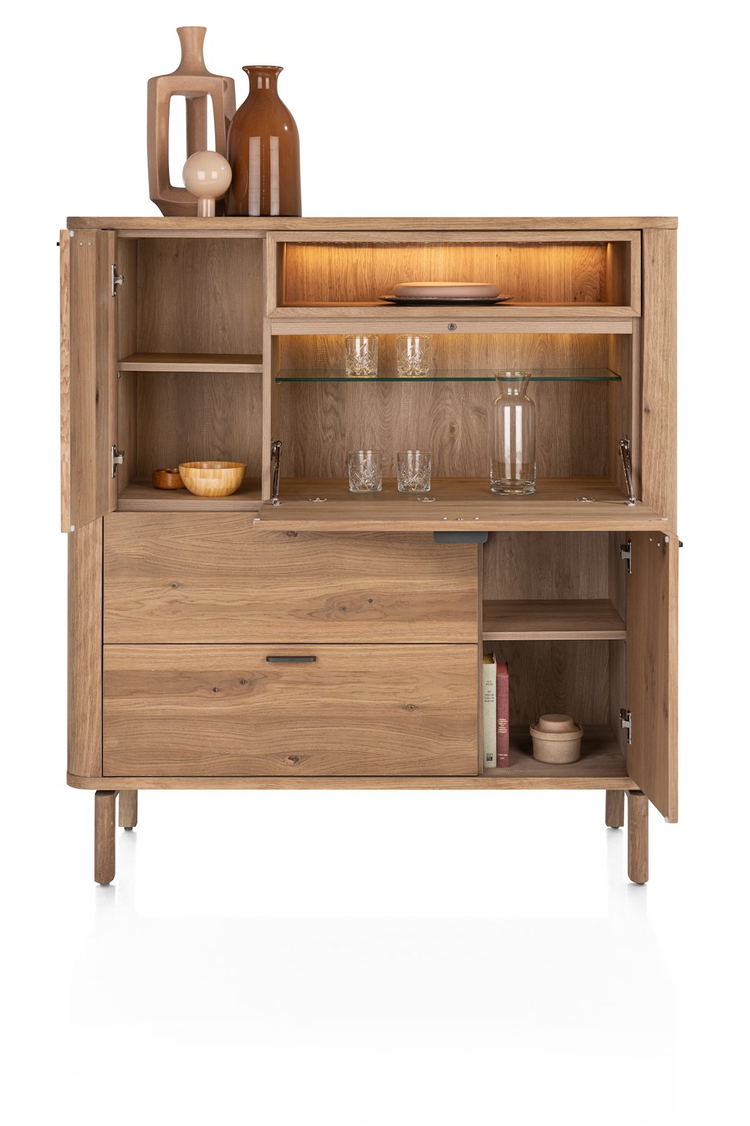 Highboard ZADE in Holzfarben, Holzsideboard, Wohnzimmermöbel, Vitrinenschrank, Regal mit Glasböden, Rotbraun Glasvitrine