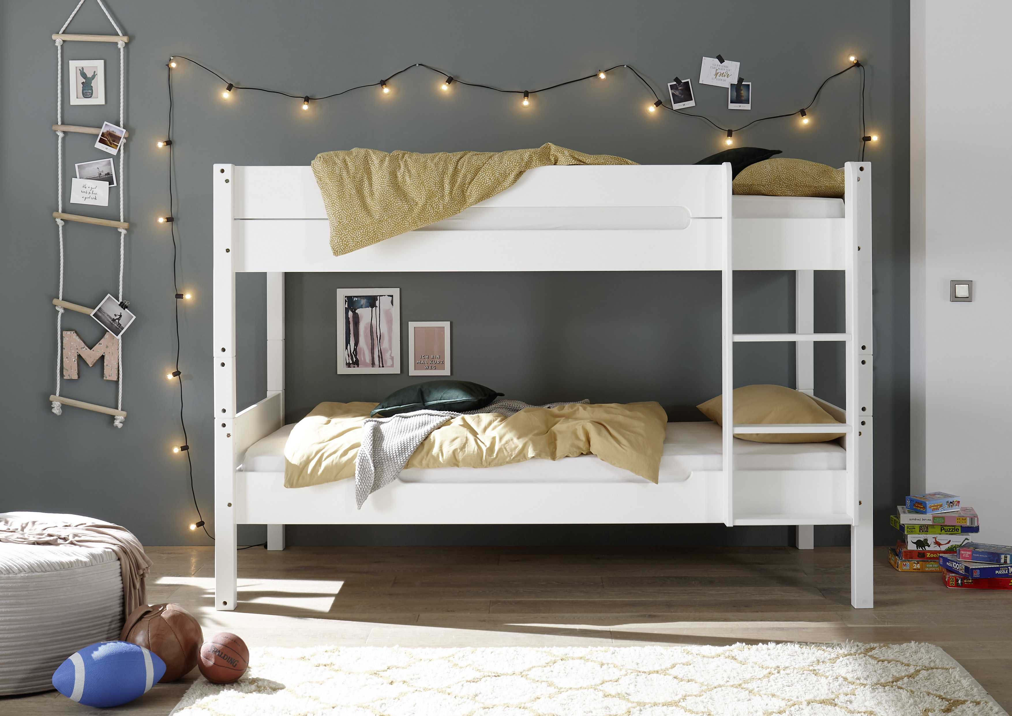 Pol Power Etagenbett Set SOUND ca. B212 H144 T108 cm in Weiß Kiefer massiv, Moebel, Bett, Hochbett, Basketball (Ball), Dekoration für Zuhause