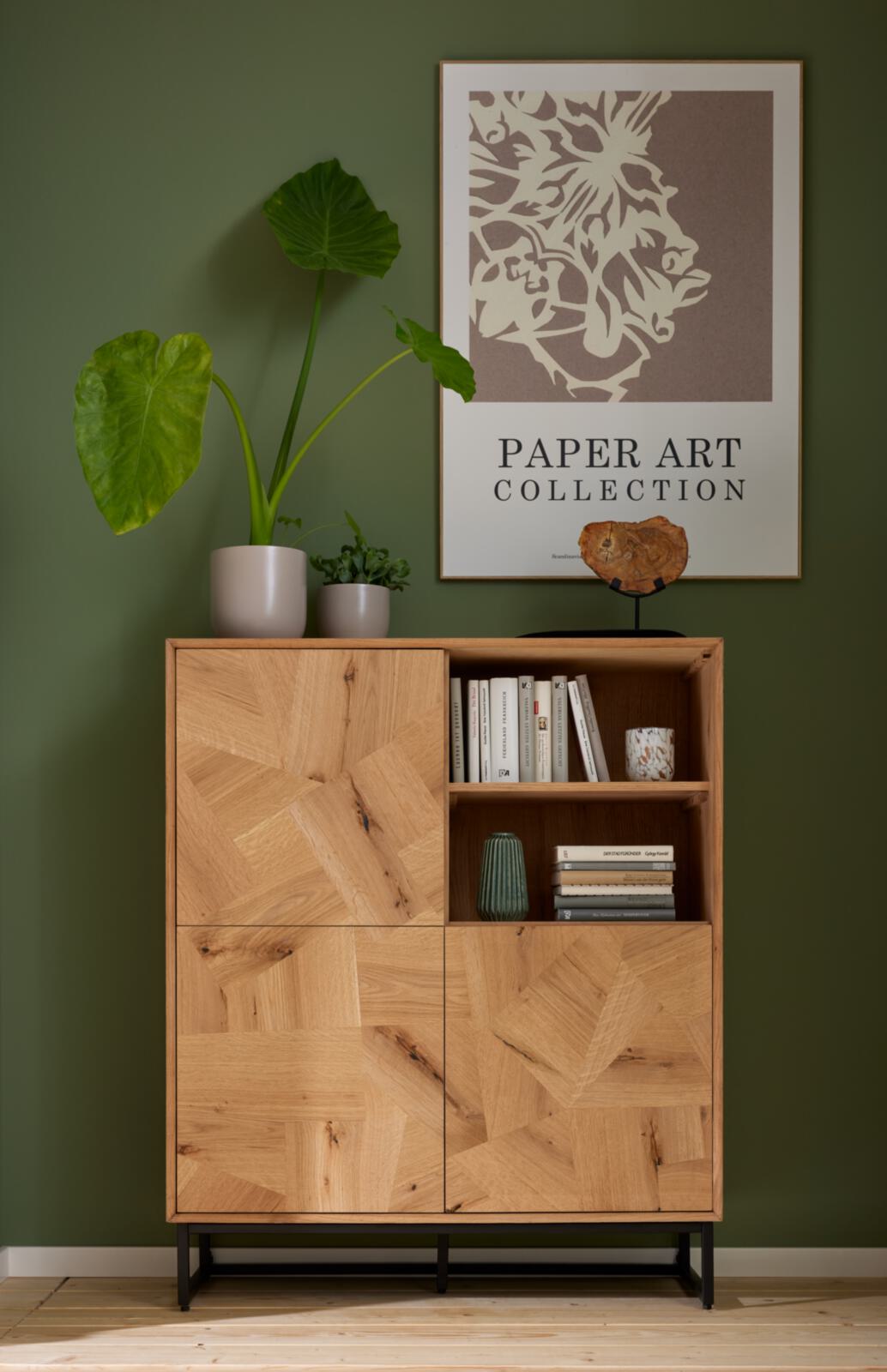 Roomio Highboard NO. 2002 in Eiche Echtholzfurnier natur / Front Patchwork-Design