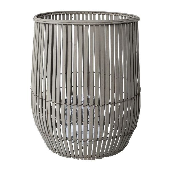 Bambus-Windlicht m. Glas 30x30 SAM in Grau, Korbschale, Laterne, Gartenleuchte, Metall, Rattanoptik