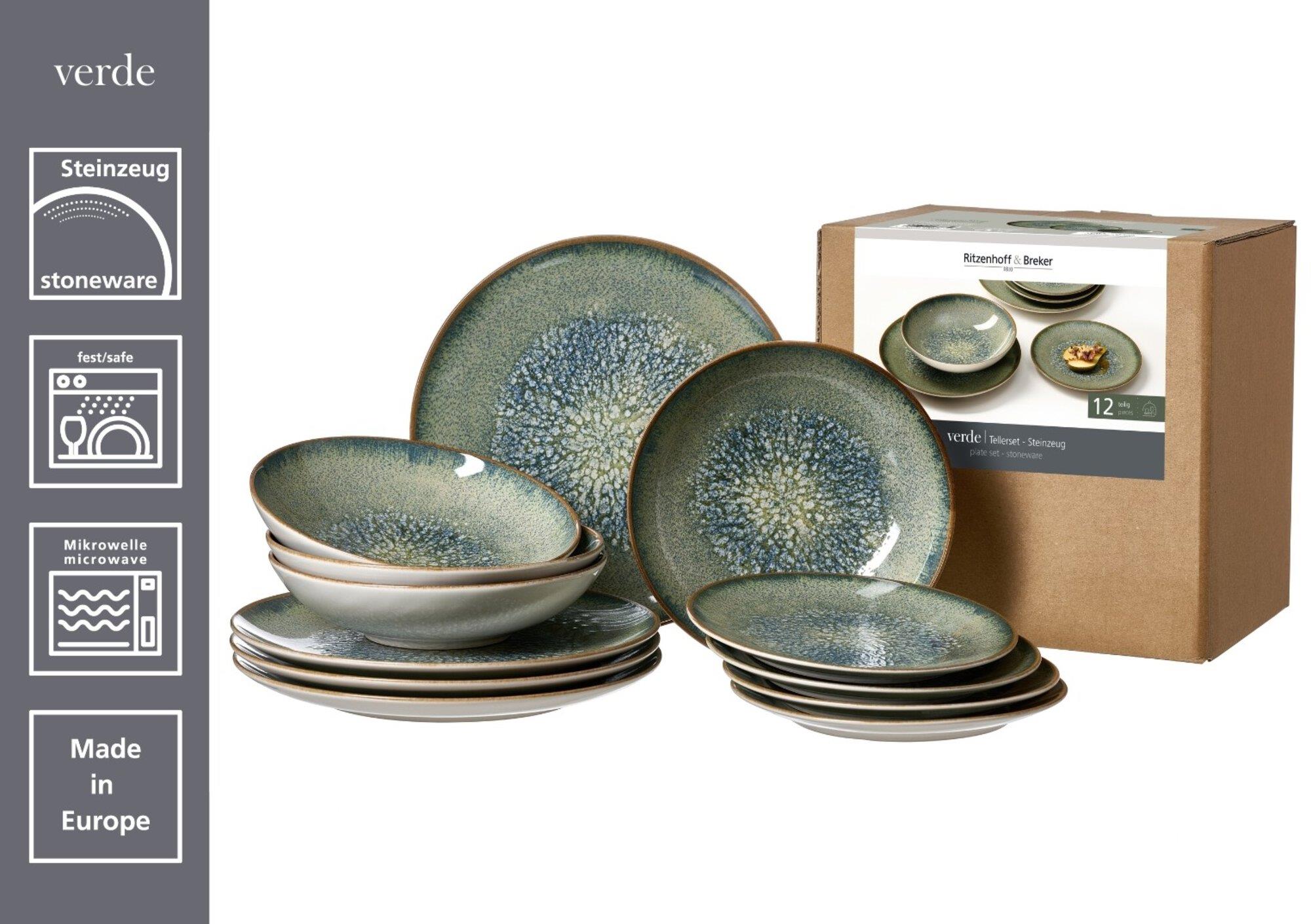 Ritzenhoff & Breker Tellerset Verde grün, Grün, Steinzeug, Geschirrset, Teller, Schalen, 12-teilig