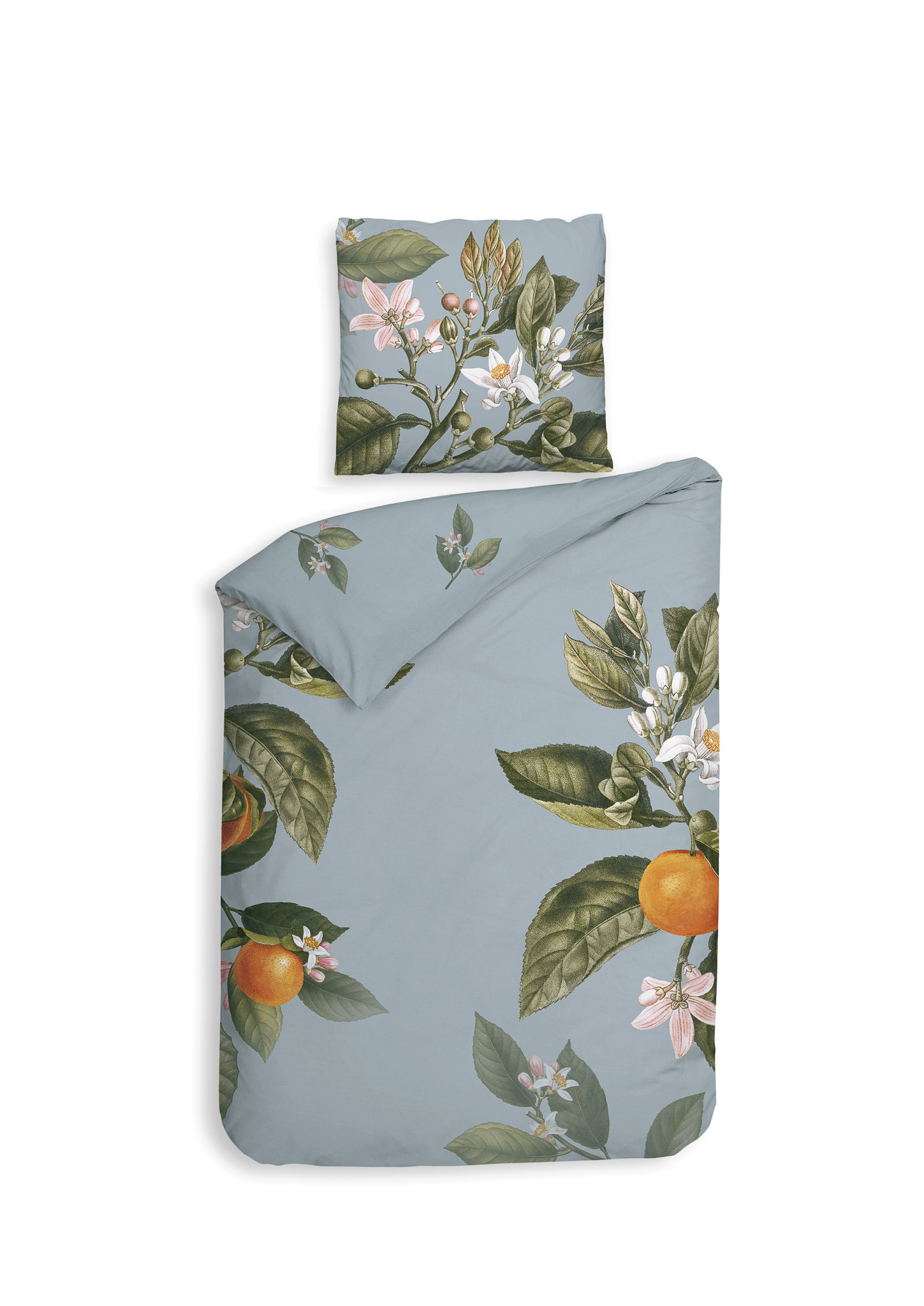 Bettwäsche ca. 155x220cm PALMIRA in Blau, Bettwäsche, Kissenbezug, Blätter, Orangen, Blumendruck