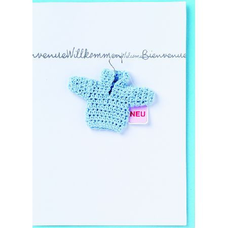Baby welcome Karte, amigurumi, blue, baby-shirt, knitted, new