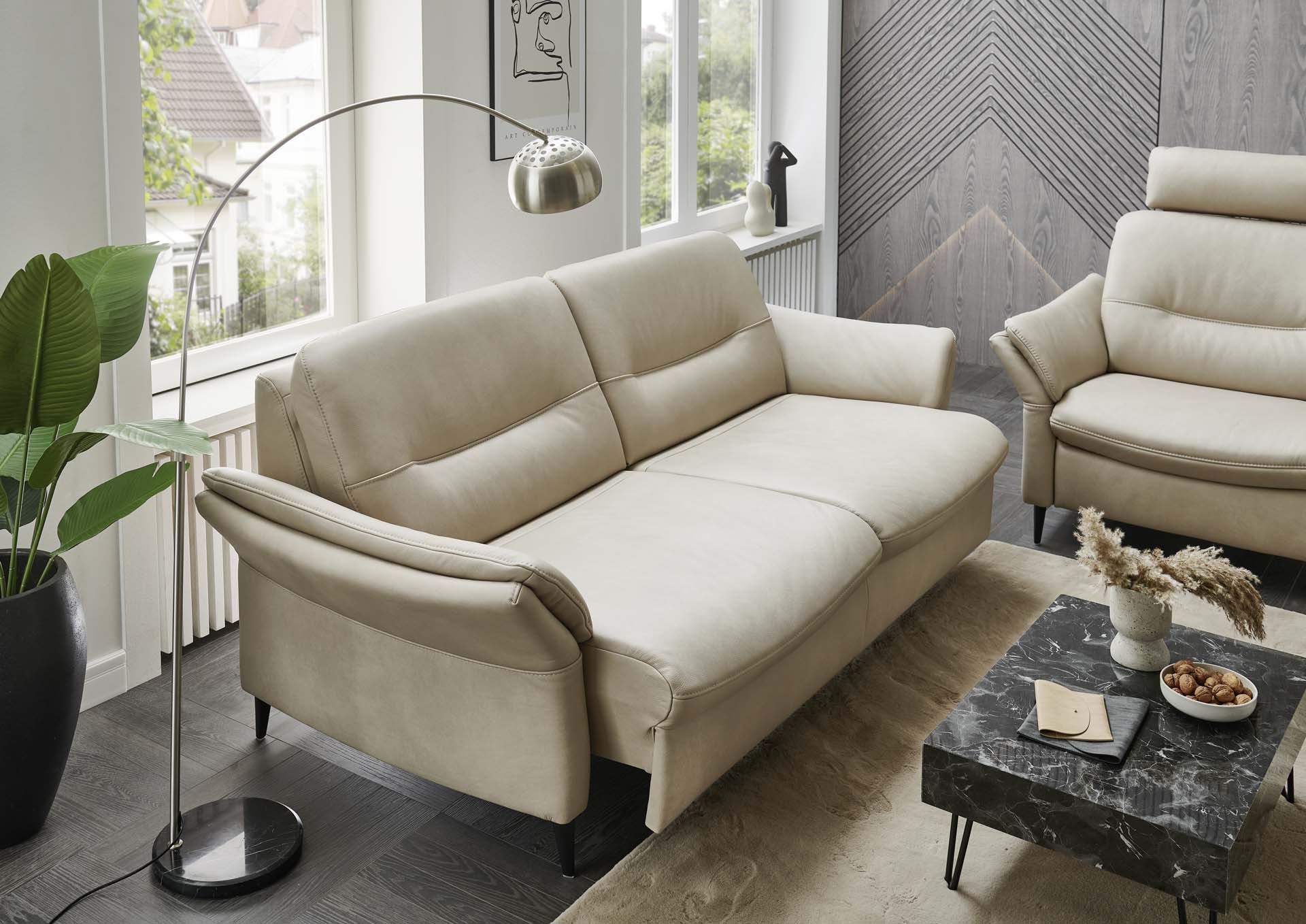 Hukla 3-Sitzer HU-SF24080 Leder Beige, Sofa, Beige, Leder, Wohnzimmer, Zweisitzer