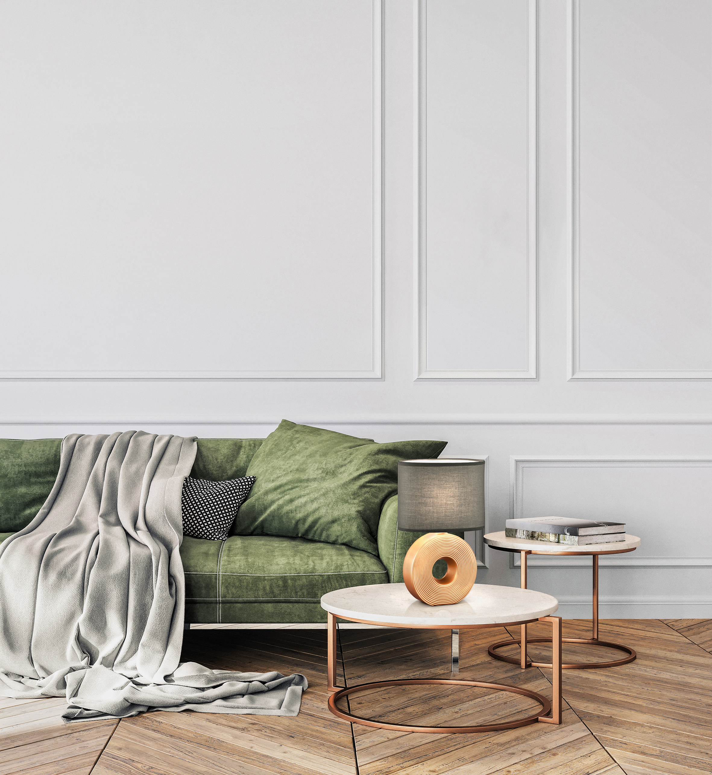 Fischer & Honsel Tischleuchte EYE in Keramik goldfarbig matt/Stoff anthrazit Chintz innen weiß