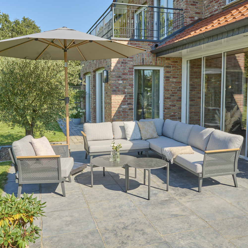 Loungetisch ROMA Ø ca. 60cm in gesinter Stein dunkelgrau, Wohnen, Terrasse, Couch, Fußboden, Pflanze